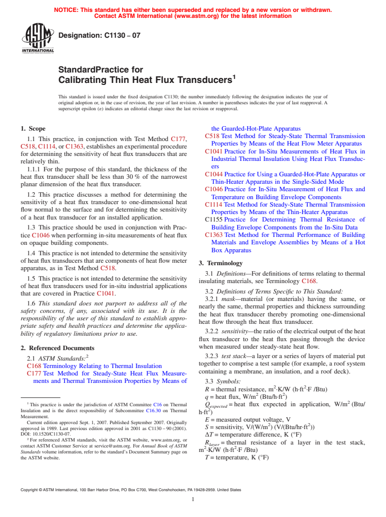 ASTM C1130-07 - Standard Practice for Calibrating Thin Heat Flux Transducers