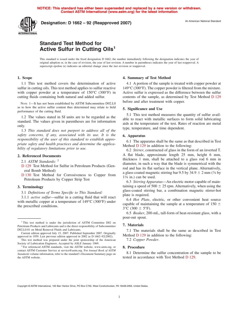 ASTM D1662-92(2007) - Standard Test Method for Active Sulfur in Cutting Oils