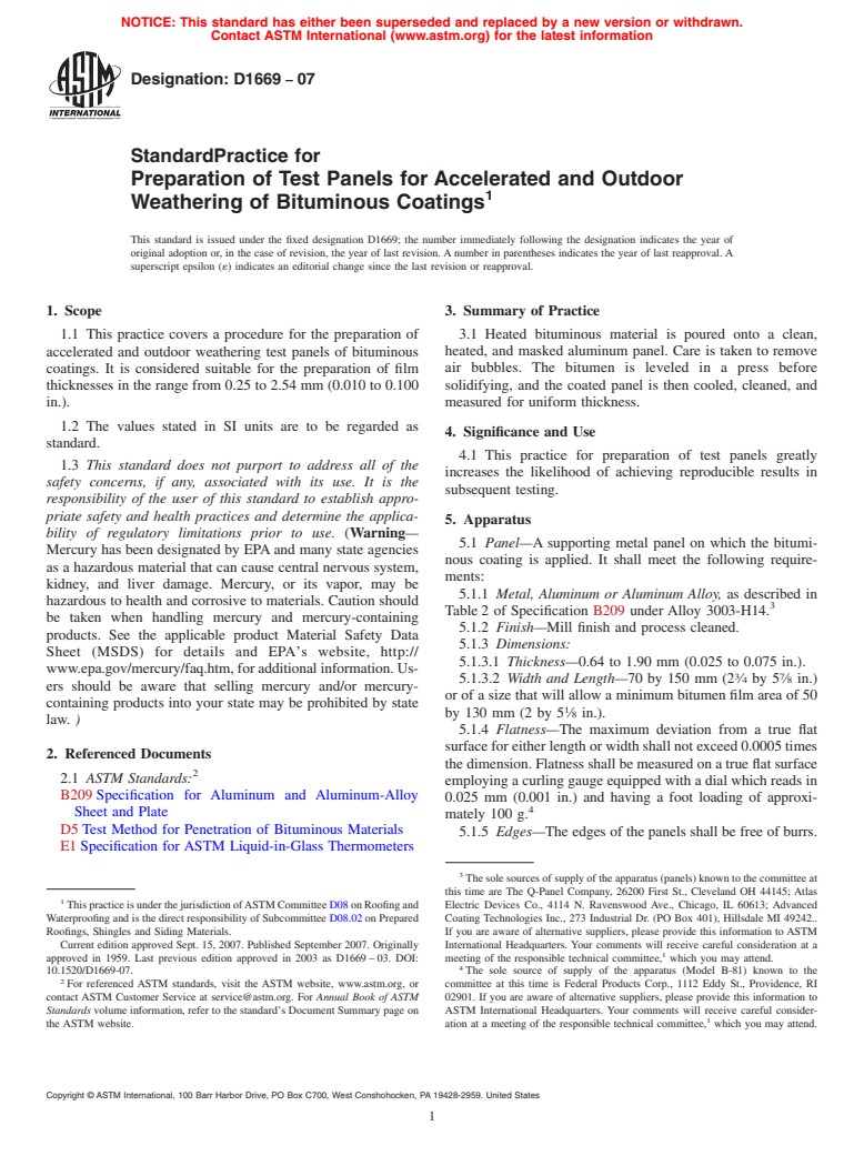 ASTM D1669-07 - Standard Practice for Preparation of Test Panels for Accelerated and Outdoor Weathering of Bituminous Coatings