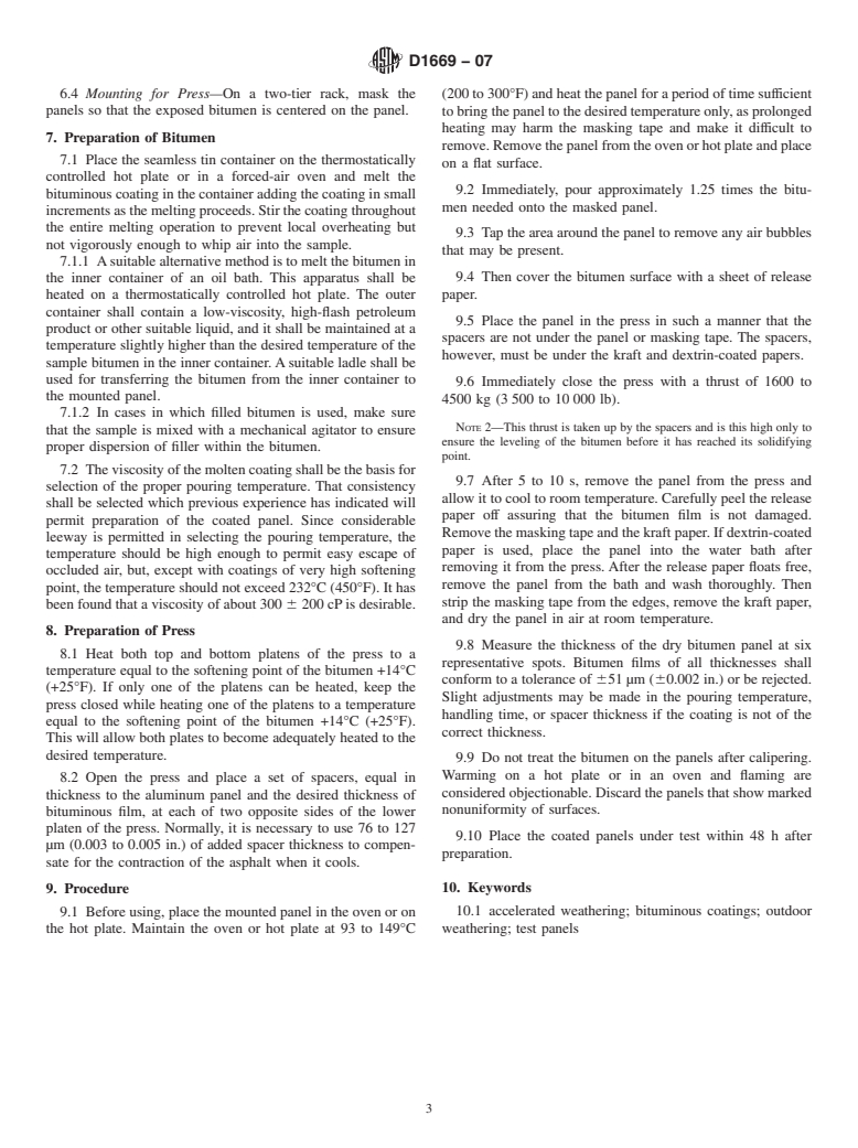 ASTM D1669-07 - Standard Practice for Preparation of Test Panels for Accelerated and Outdoor Weathering of Bituminous Coatings