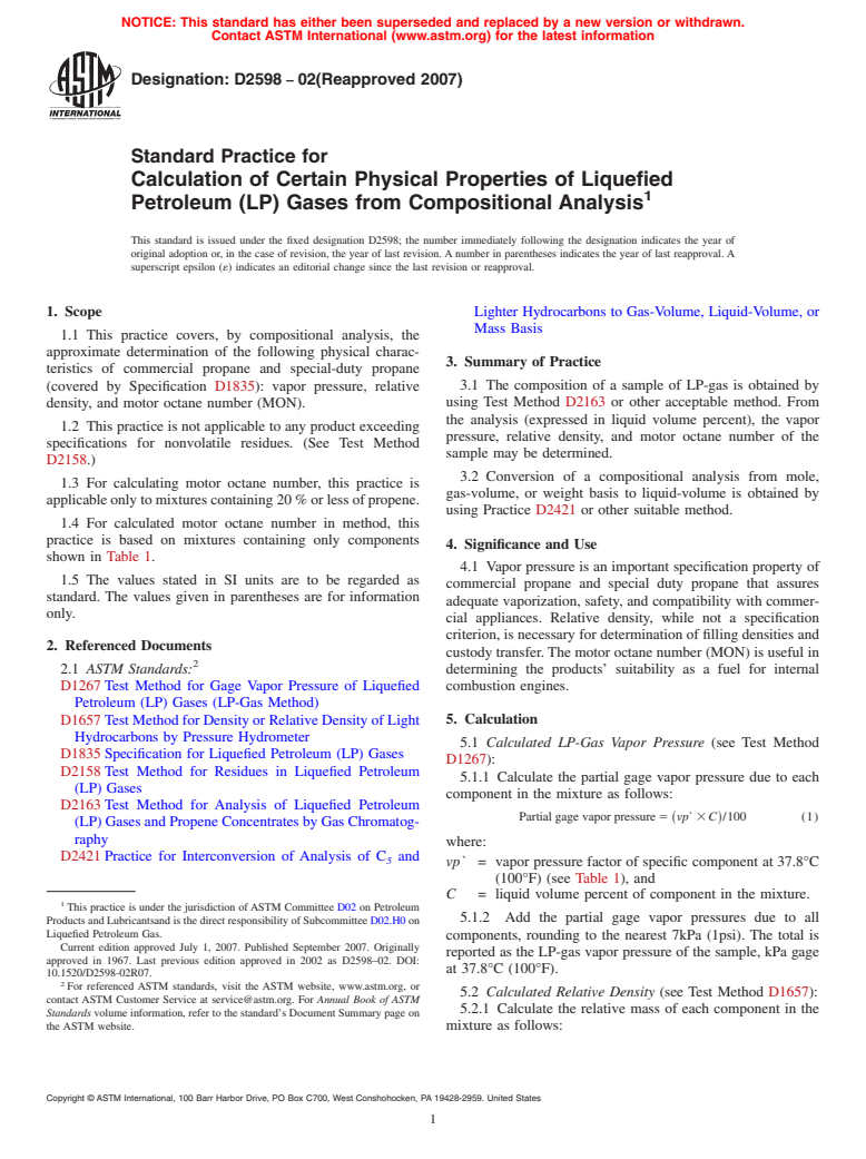 ASTM D2598-02(2007) - Standard Practice for Calculation of Certain Physical Properties of Liquefied Petroleum (LP) Gases from Compositional Analysis