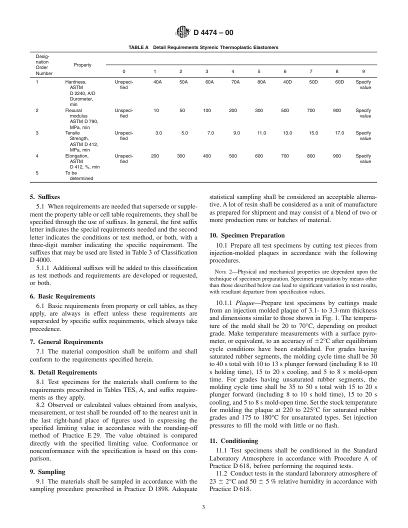 ASTM D4474-00 - Standard Classification System for Styrenic Thermoplastic Elastomer Injection Molding and Extrusion Materials (TES) (Withdrawn 2008)