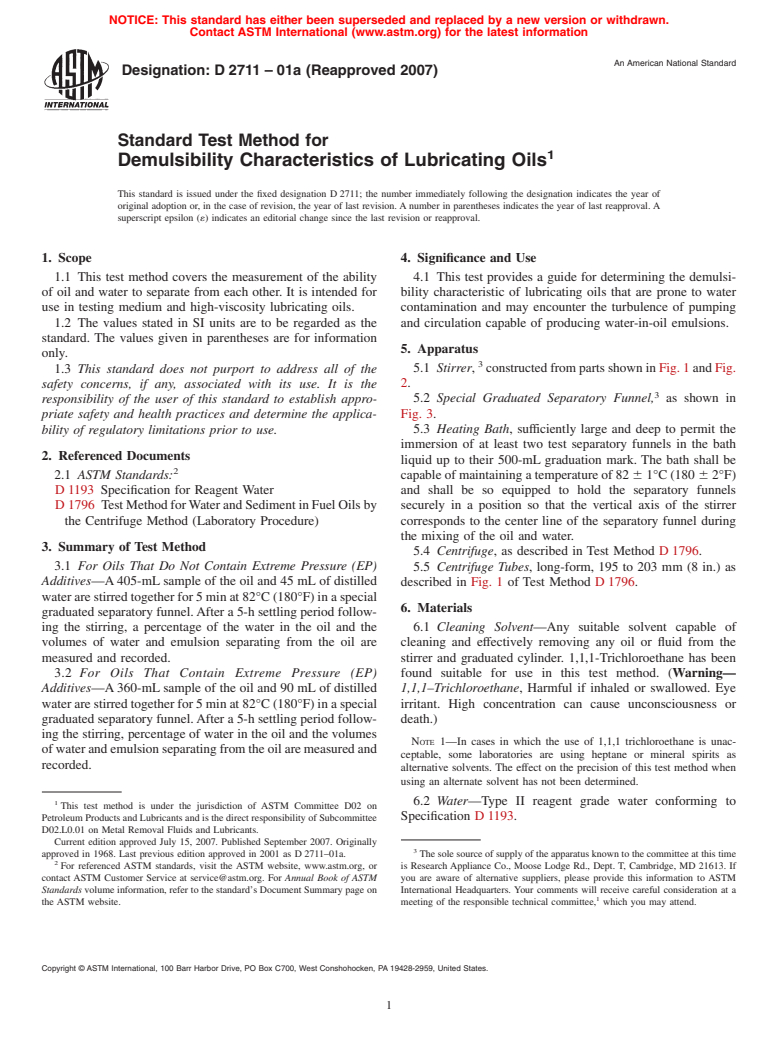 ASTM D2711-01a(2007) - Standard Test Method for Demulsibility Characteristics of Lubricating Oils