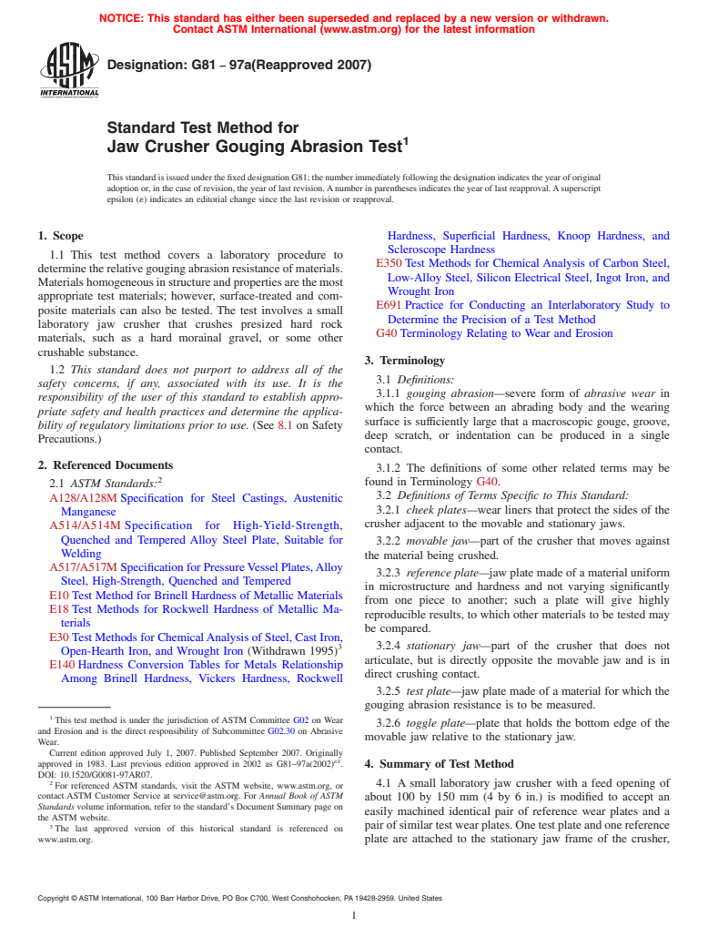 ASTM G81-97a(2007) - Standard Test Method for Jaw Crusher Gouging Abrasion Test