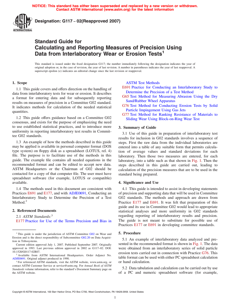 ASTM G117-02(2007) - Standard Guide for Calculating and Reporting Measures of Precision Using Data from Interlaboratory Wear or Erosion Tests