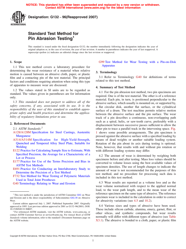 ASTM G132-96(2007) - Standard Test Method for Pin Abrasion Testing