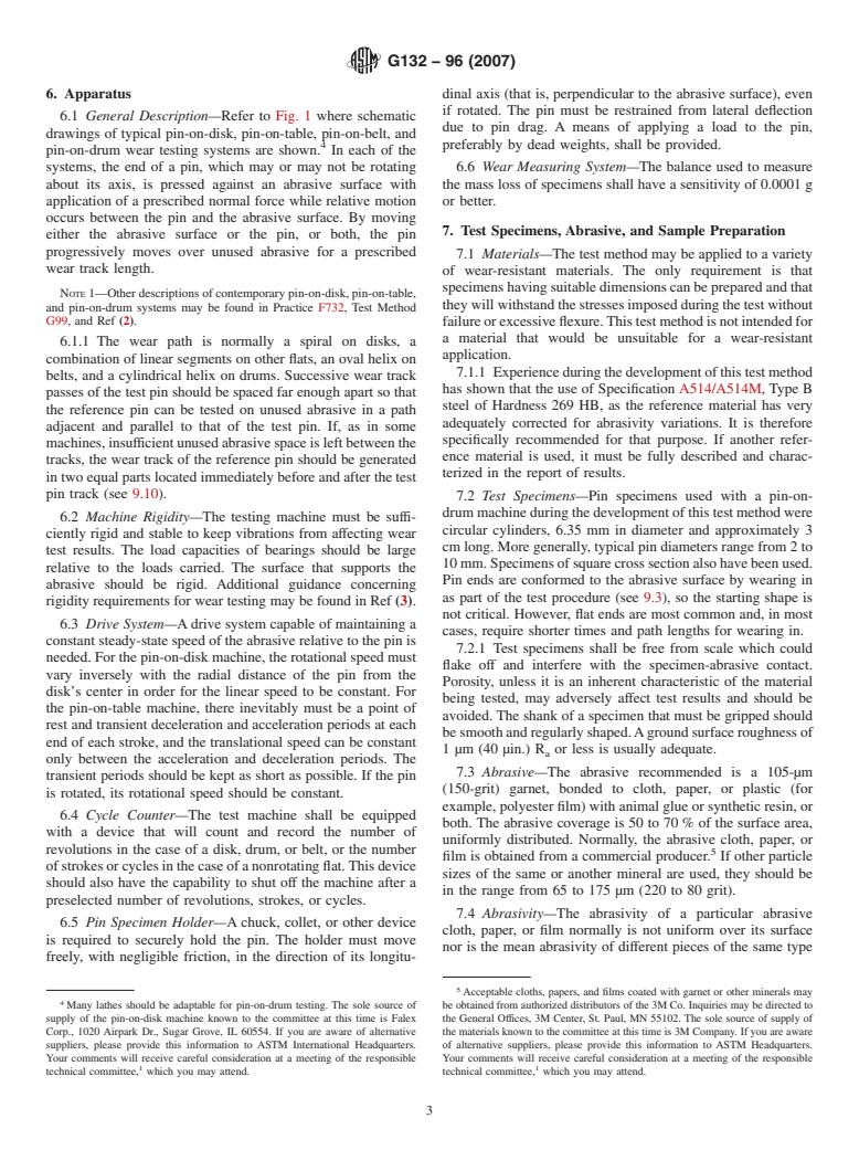 ASTM G132-96(2007) - Standard Test Method for Pin Abrasion Testing