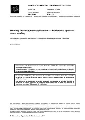 ISO 16338:2013 - Welding for aerospace applications -- Resistance spot and seam welding