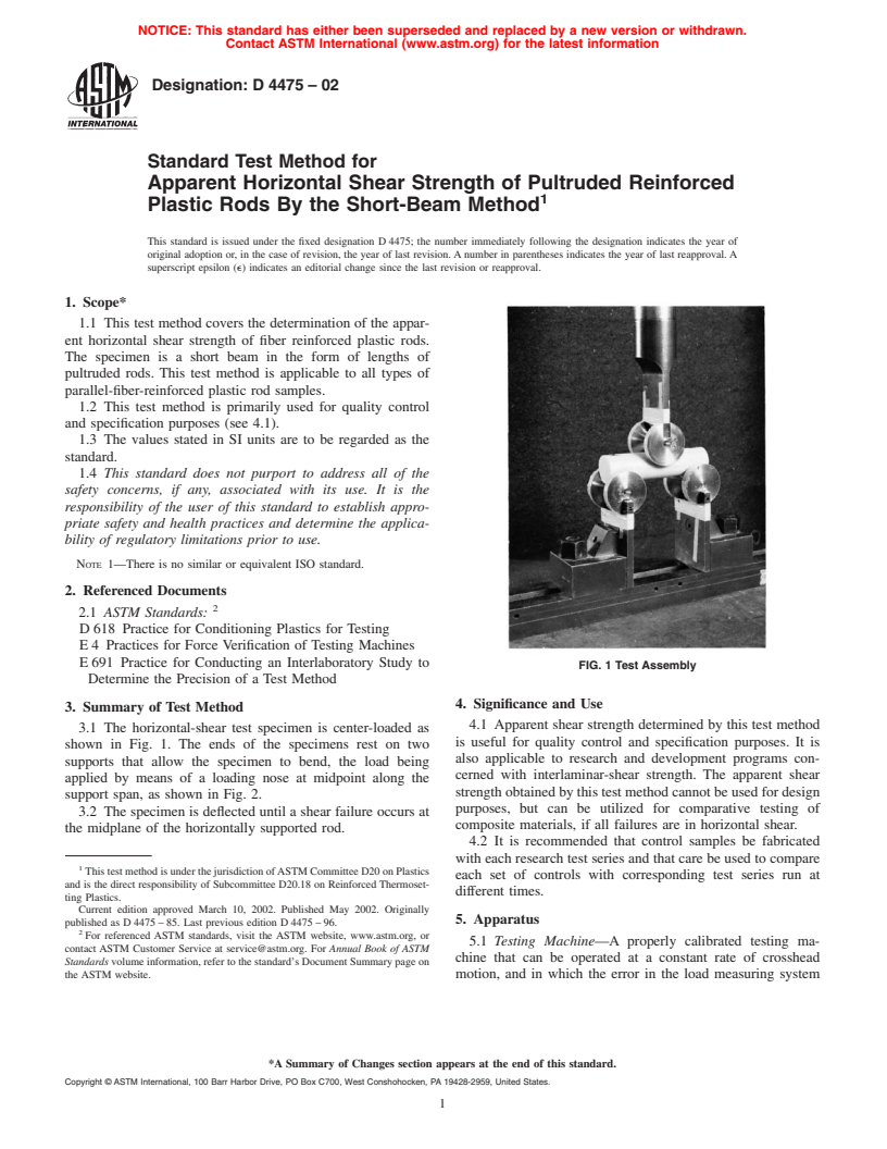 ASTM D4475-02 - Standard Test Method for Apparent Horizontal Shear Strength of Pultruded Reinforced Plastic Rods By The Short-Beam Method