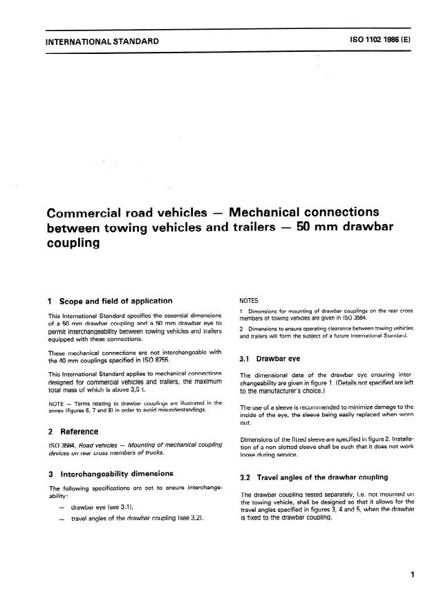 ISO 1102:1986 - Commercial road vehicles -- Mechanical connections between towing vehicles and trailers -- 50 mm drawbar couplings