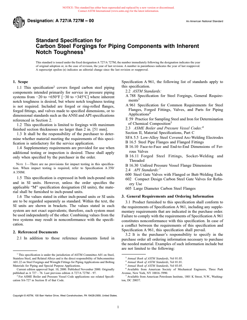 ASTM A727/A727M-00 - Standard Specification for Carbon Steel Forgings for Piping Components with Inherent Notch Toughness