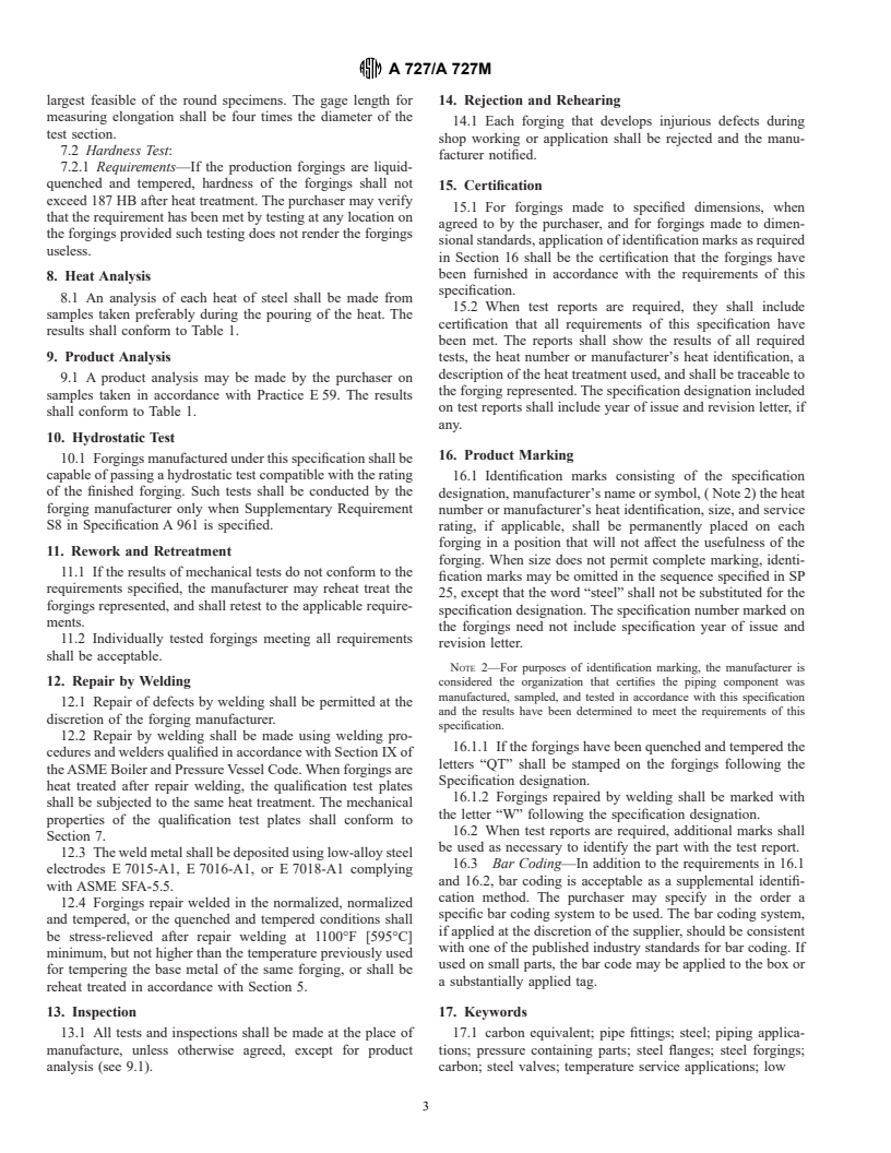 ASTM A727/A727M-00 - Standard Specification for Carbon Steel Forgings for Piping Components with Inherent Notch Toughness
