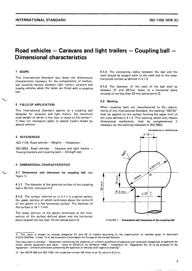 ISO 1103:1976 - Road vehicles -- Caravans and light trailers -- Coupling ball -- Dimensional characteristics
