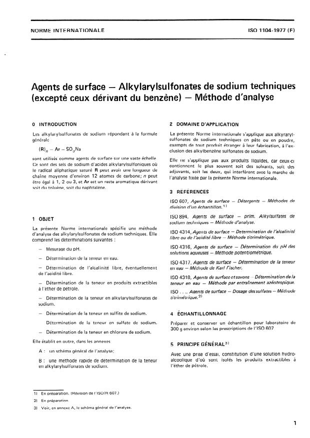 ISO 1104:1977 - Agents de surface -- Alkylarylsulfonates de sodium techniques (excepté ceux dérivant du benzene) -- Méthode d'analyse