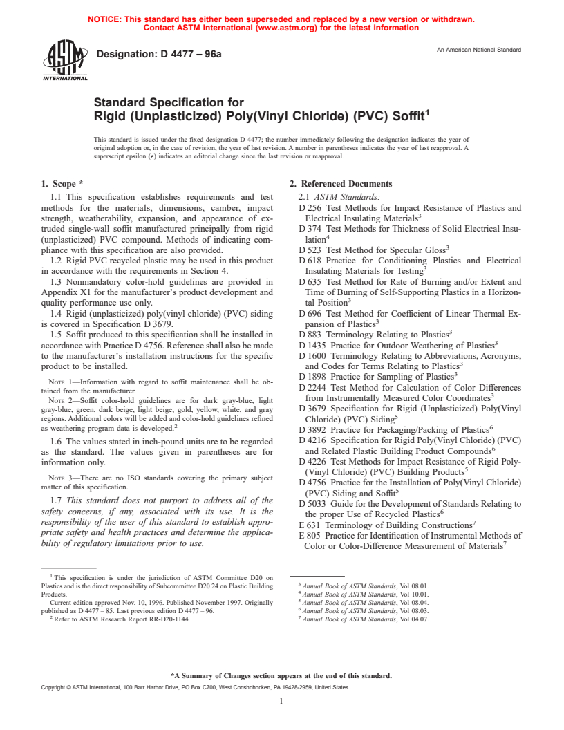 ASTM D4477-96a - Standard Specification for Rigid (Unplasticized) Poly(Vinyl Chloride) (PVC) Soffit