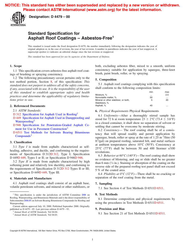 ASTM D4479-00 - Standard Specification for Asphalt Roof Coatings - Asbestos-Free