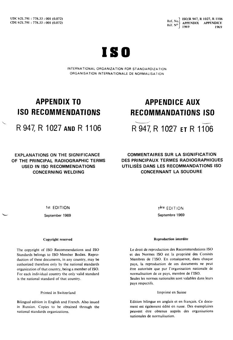 ISO/R 1106:1969 - Recommended practice for radiographic inspection of fusion welded butt joints for steel plates up to 50 mm (2 in) thick
Released:9/1/1969