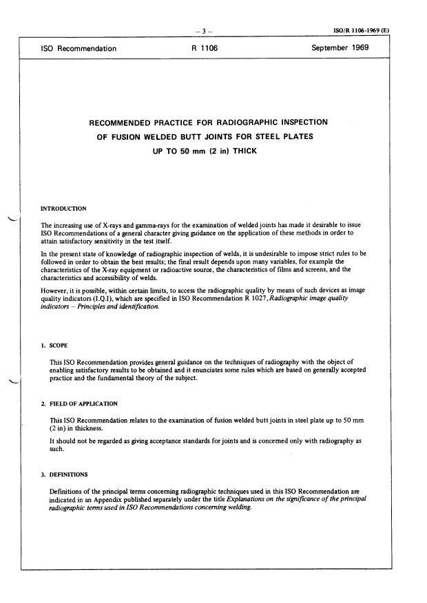ISO/R 1106:1969 - Recommended practice for radiographic inspection of fusion welded butt joints for steel plates up to 50 mm (2 in) thick