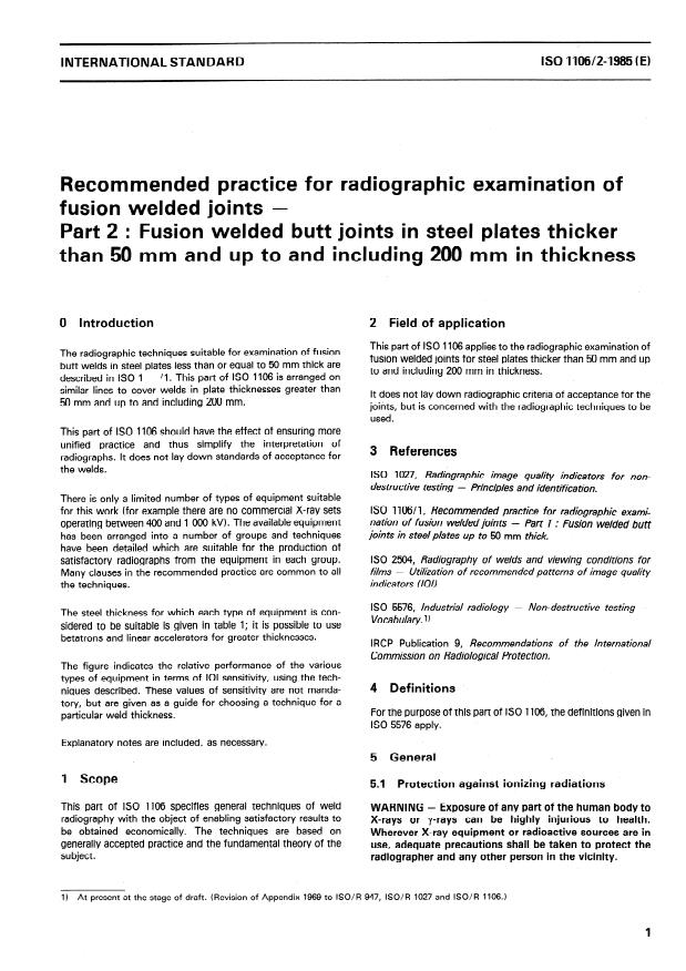 ISO 1106-2:1985 - Recommended practice for radiographic examination of fusion welded joints