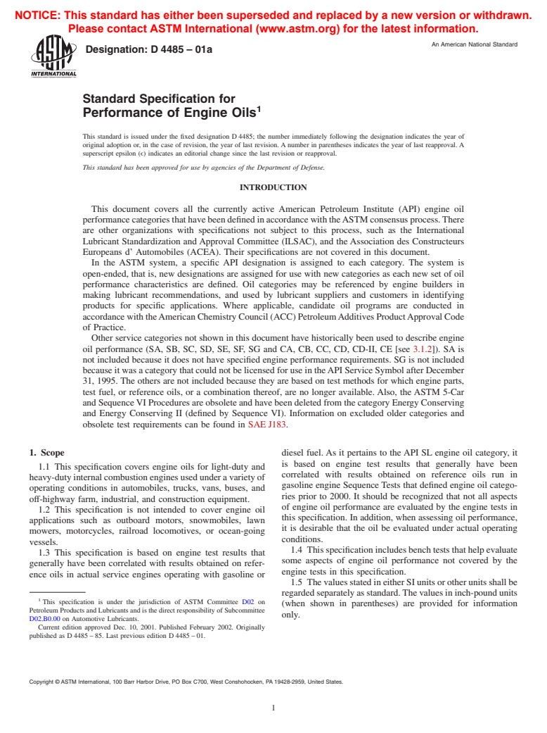 ASTM D4485-01a - Standard Specification for Performance of Engine Oils