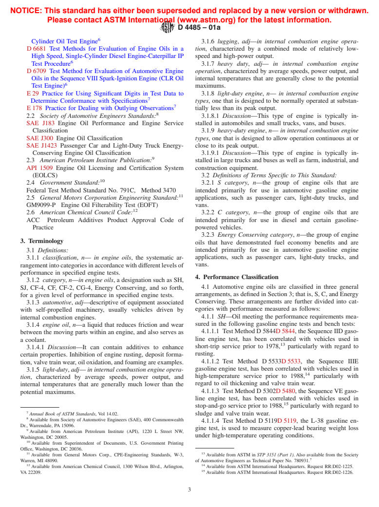 ASTM D4485-01a - Standard Specification for Performance of Engine Oils