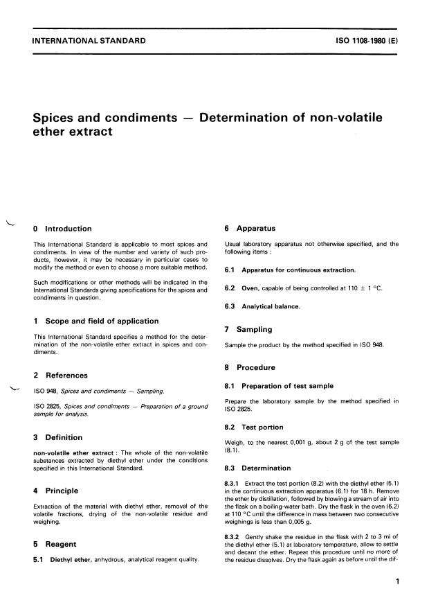 ISO 1108:1980 - Spices and condiments -- Determination of non-volatile ether extract