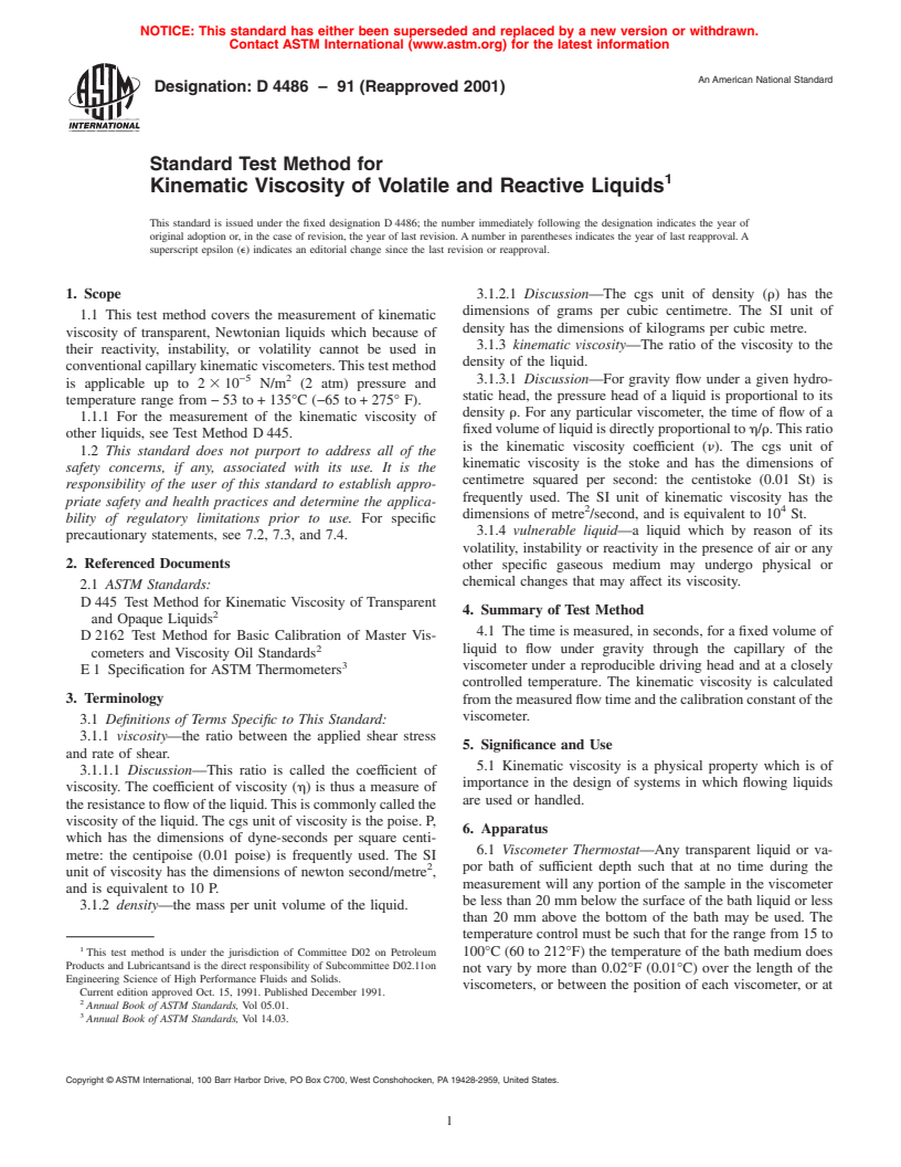 ASTM D4486-91(2001) - Standard Test Method for Kinematic Viscosity of Volatile and Reactive Liquids