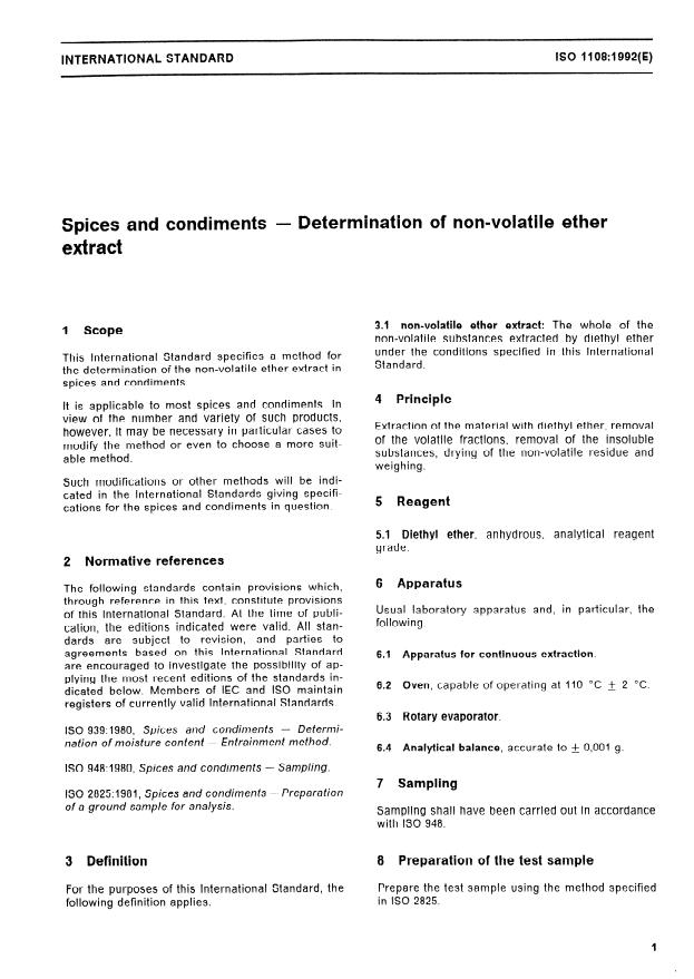 ISO 1108:1992 - Spices and condiments -- Determination of non-volatile ether extract