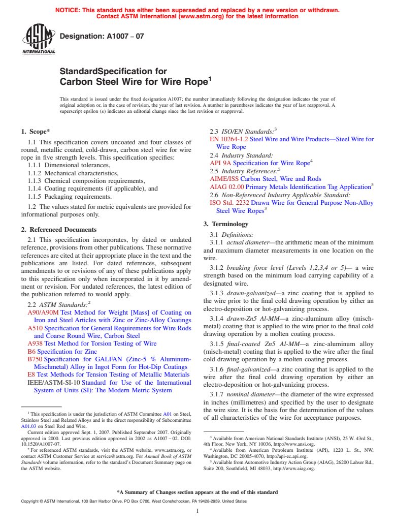 ASTM A1007-07 - Standard Specification for Carbon Steel Wire for Wire Rope