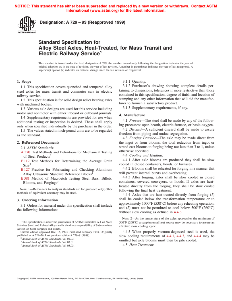 ASTM A729-93(1999) - Standard Specification for Alloy Steel Axles, Heat-Treated, for Mass Transit and Electric Railway Service