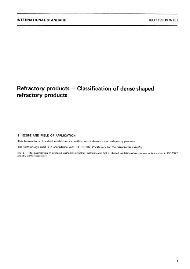 ISO 1109:1975 - Refractory products -- Classification of dense shaped refractory products