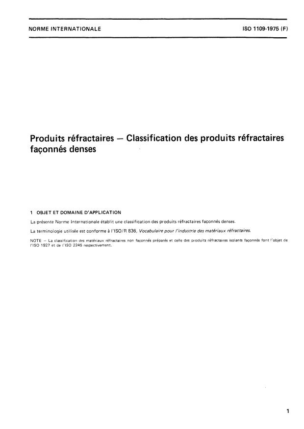 ISO 1109:1975 - Produits réfractaires -- Classification des produits réfractaires façonnés denses