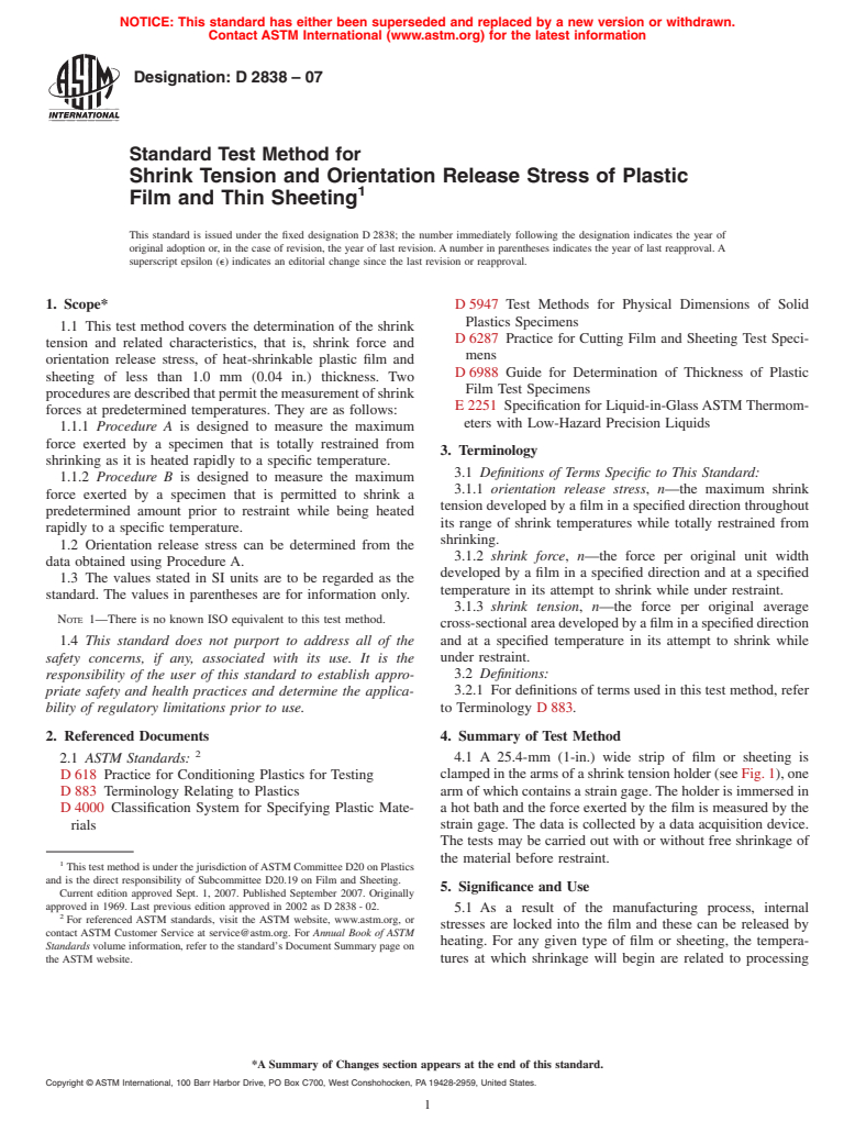 ASTM D2838-07 - Standard Test Method for Shrink Tension and Orientation Release Stress of Plastic Film and Thin Sheeting