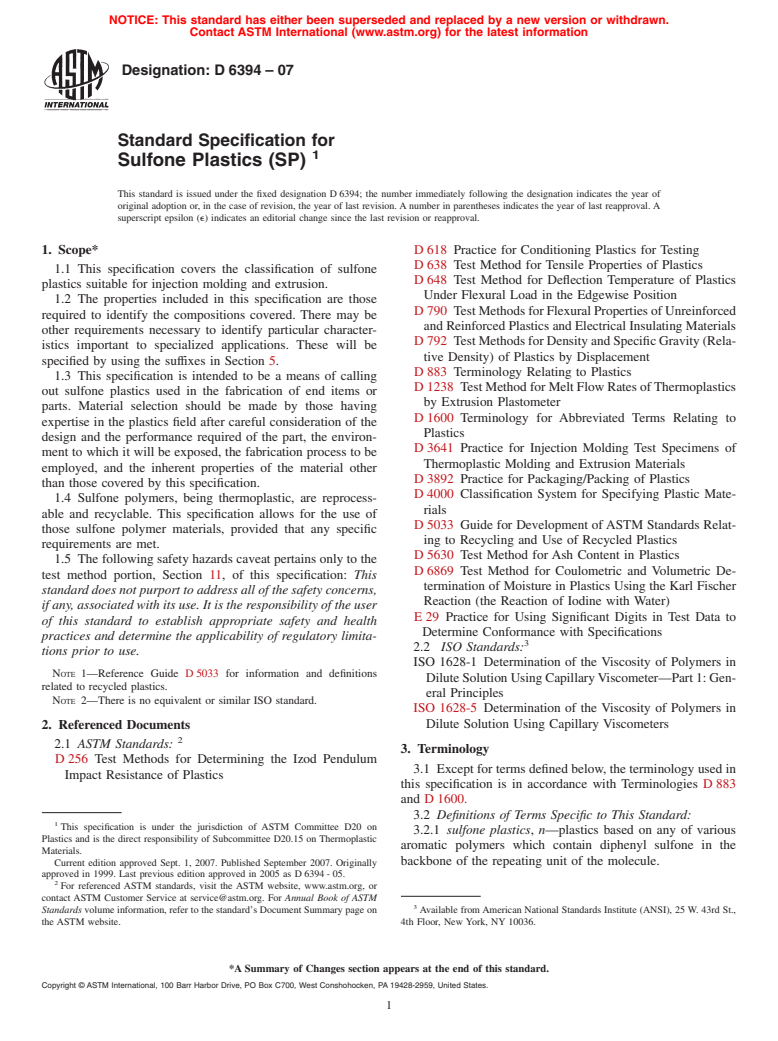 ASTM D6394-07 - Standard Specification for Sulfone Plastics (SP)