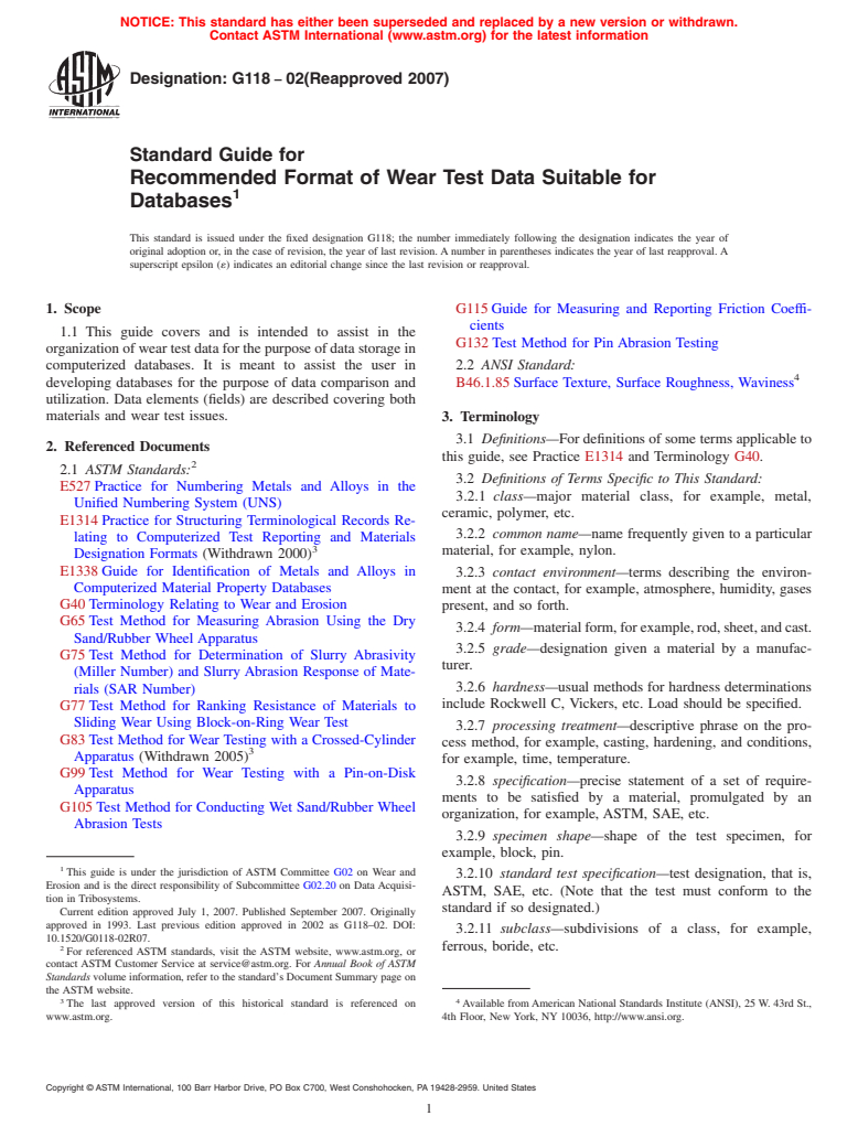 ASTM G118-02(2007) - Standard Guide for Recommended Format of Wear Test Data Suitable for Databases