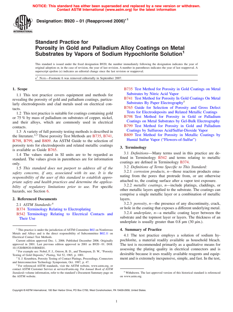 ASTM B920-01(2006)e1 - Standard Practice for Porosity in Gold and Palladium Alloy Coatings on Metal Substrates by Vapors of Sodium Hypochlorite Solution