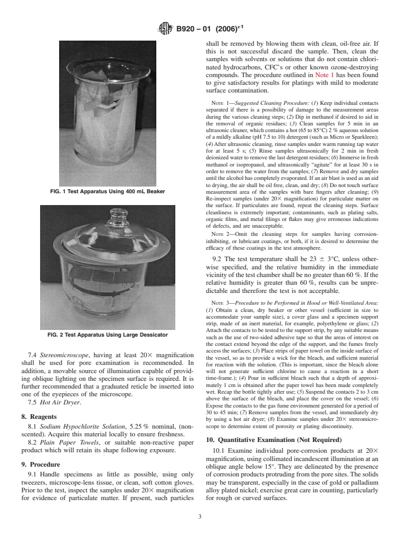 ASTM B920-01(2006)e1 - Standard Practice for Porosity in Gold and Palladium Alloy Coatings on Metal Substrates by Vapors of Sodium Hypochlorite Solution