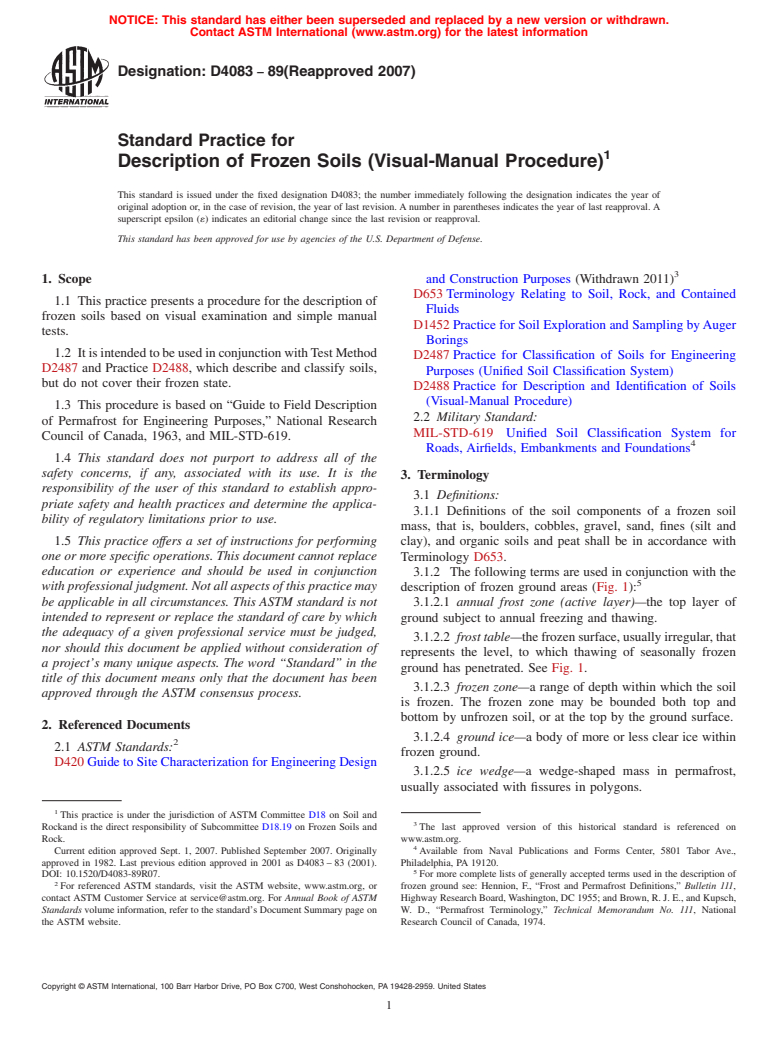 ASTM D4083-89(2007) - Standard Practice for Description of Frozen Soils (Visual-Manual Procedure)