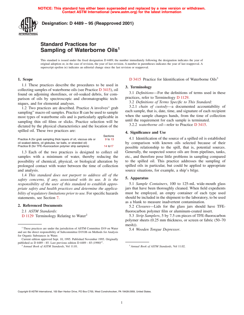 ASTM D4489-95(2001) - Standard Practices for Sampling of Waterborne Oils