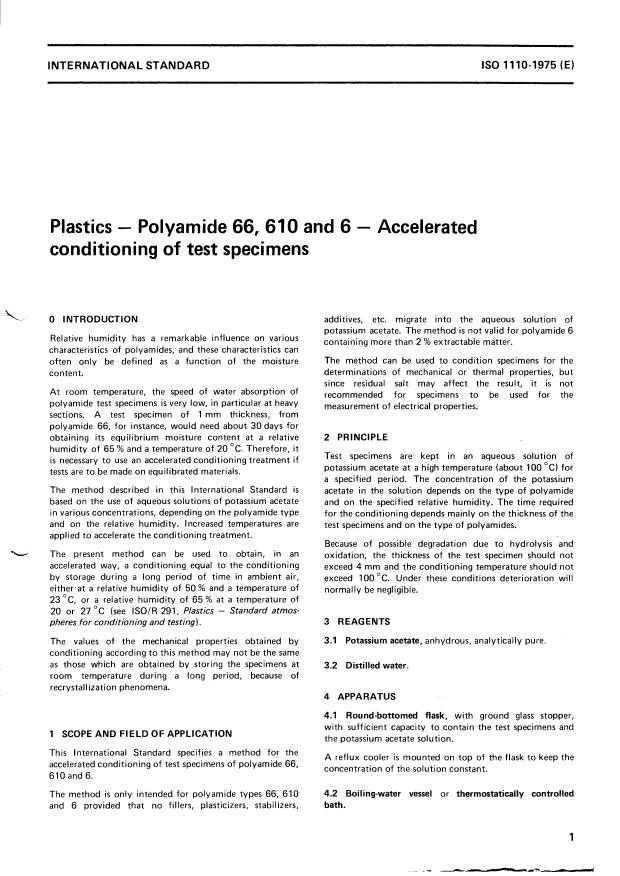ISO 1110:1975 - Plastics -- Polyamide 66, 610 and 6 -- Accelerated conditioning of test specimens