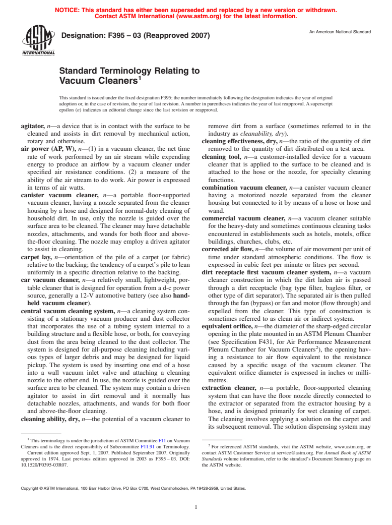 ASTM F395-03(2007) - Standard Terminology Relating to Vacuum Cleaners