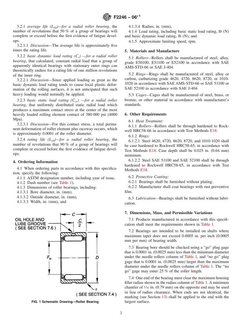 ASTM F2246-06e1 - Standard Specification for Bearing, Roller, Needle: Thick Outer Ring With Rollers and Cage