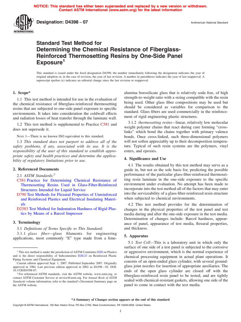 ASTM D4398-07 - Standard Test Method for Determining the Chemical Resistance of Fiberglass-Reinforced Thermosetting Resins by One-Side Panel Exposure (Withdrawn 2015)