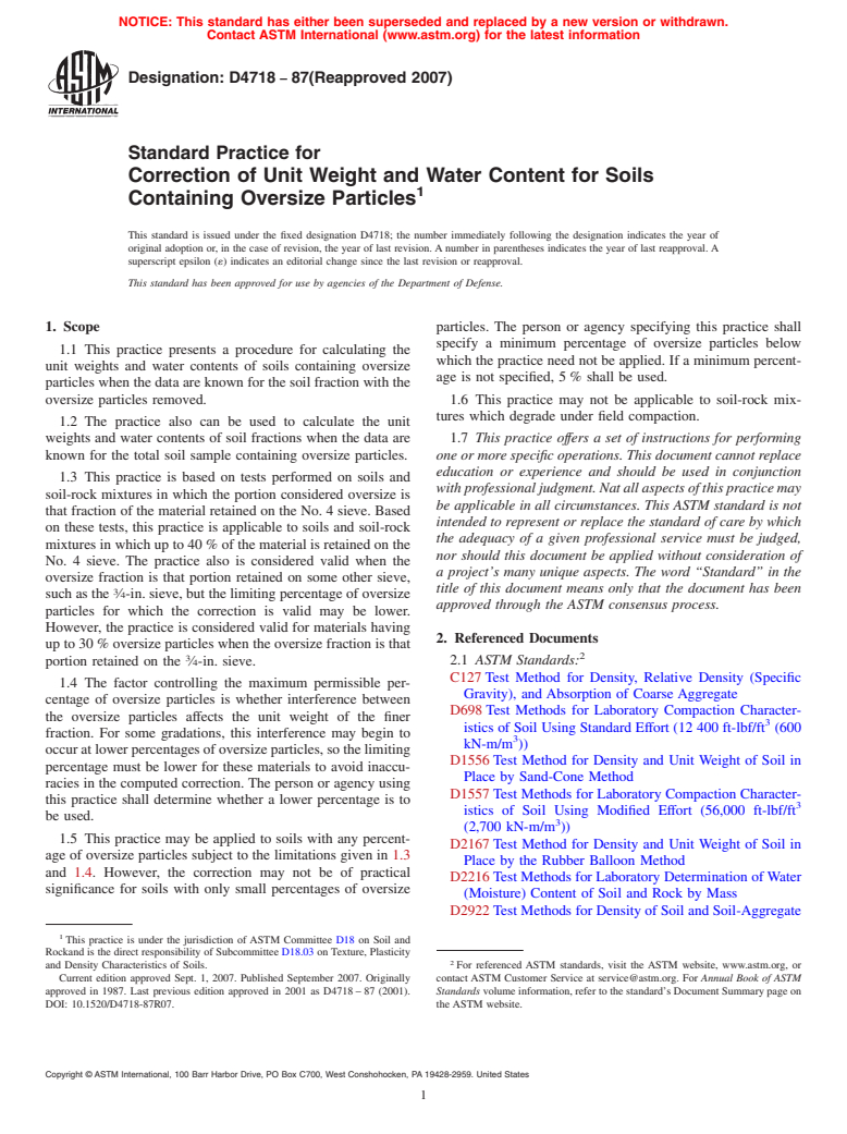 ASTM D4718-87(2007) - Standard Practice for Correction of Unit Weight and Water Content for Soils Containing Oversize Particles