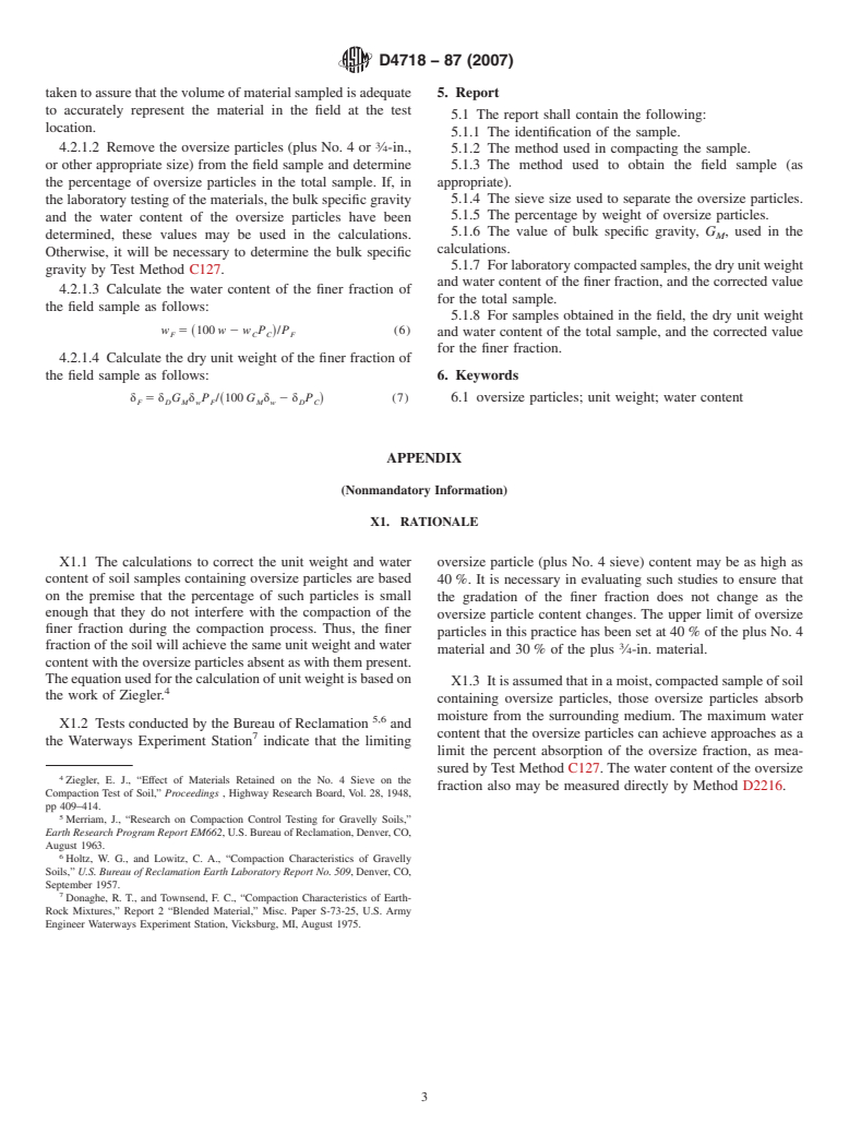 ASTM D4718-87(2007) - Standard Practice for Correction of Unit Weight and Water Content for Soils Containing Oversize Particles