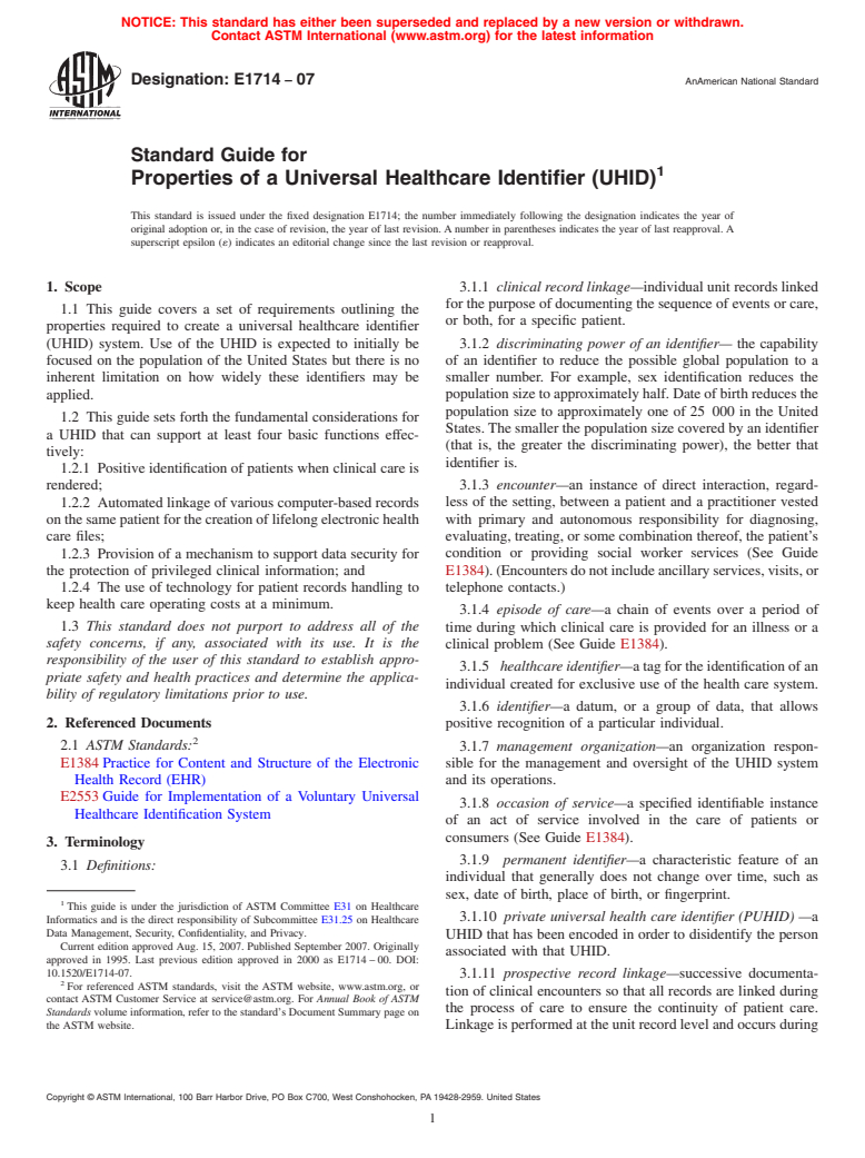 ASTM E1714-07 - Standard Guide for Properties of a Universal Healthcare Identifier (UHID)