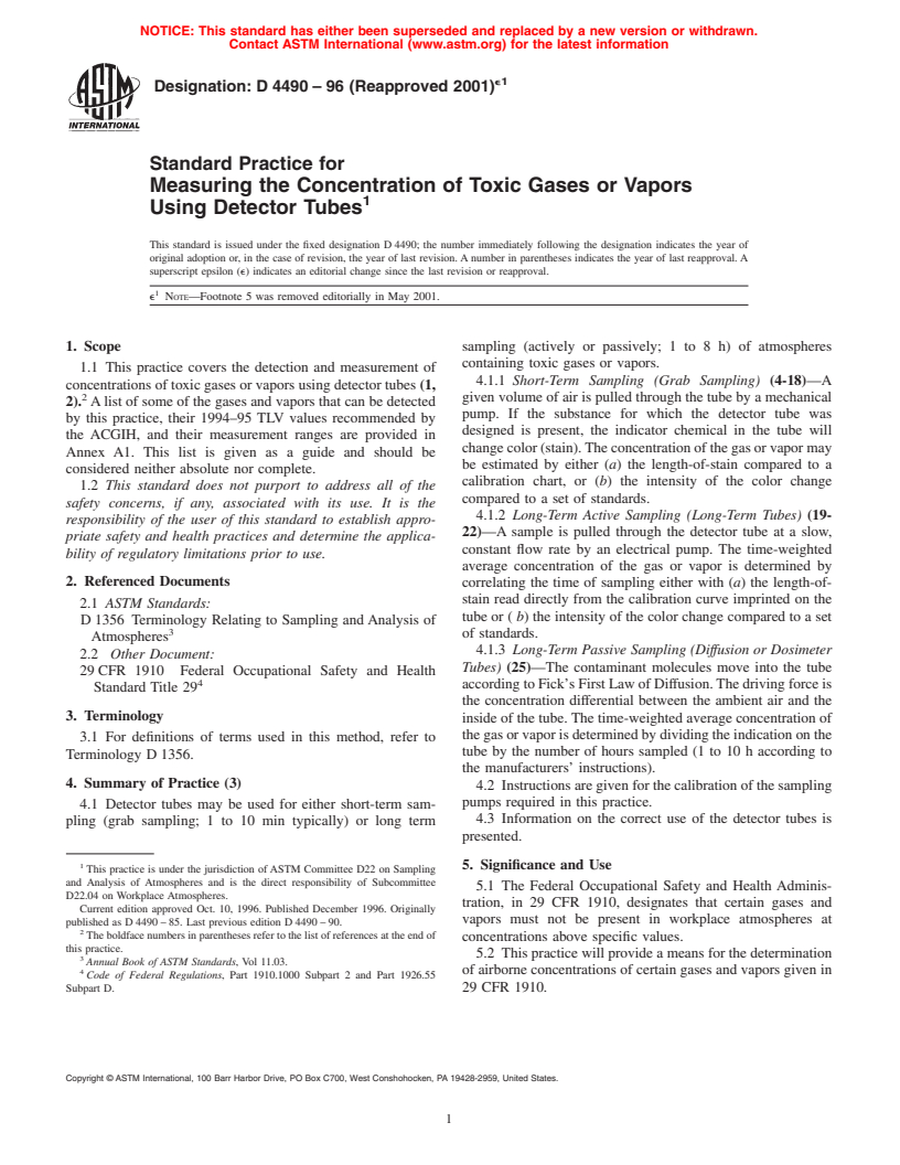 ASTM D4490-96(2001)e1 - Standard Practice for Measuring the Concentration of Toxic Gases or Vapors Using Detector Tubes