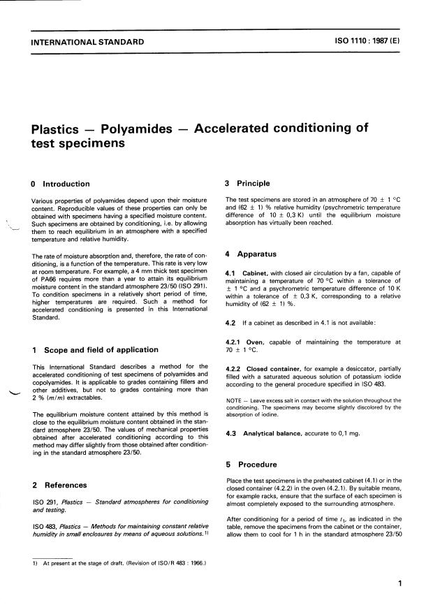 ISO 1110:1987 - Plastics -- Polyamides -- Accelerated conditioning of test specimens