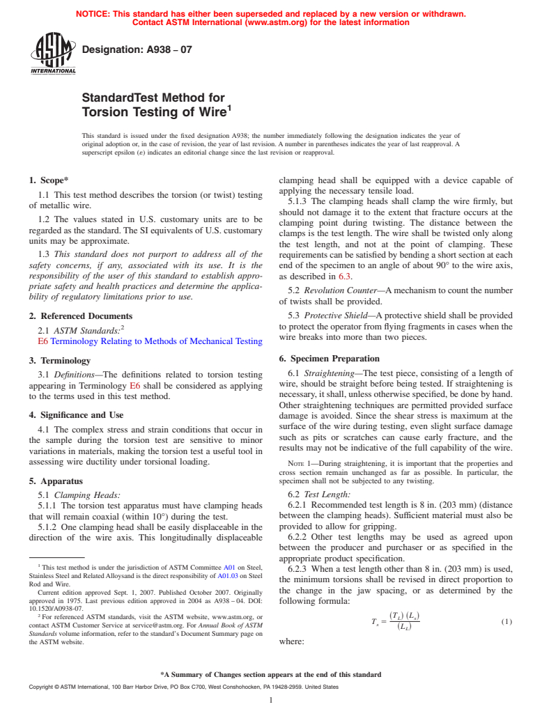 ASTM A938-07 - Standard Test Method for Torsion Testing of Wire