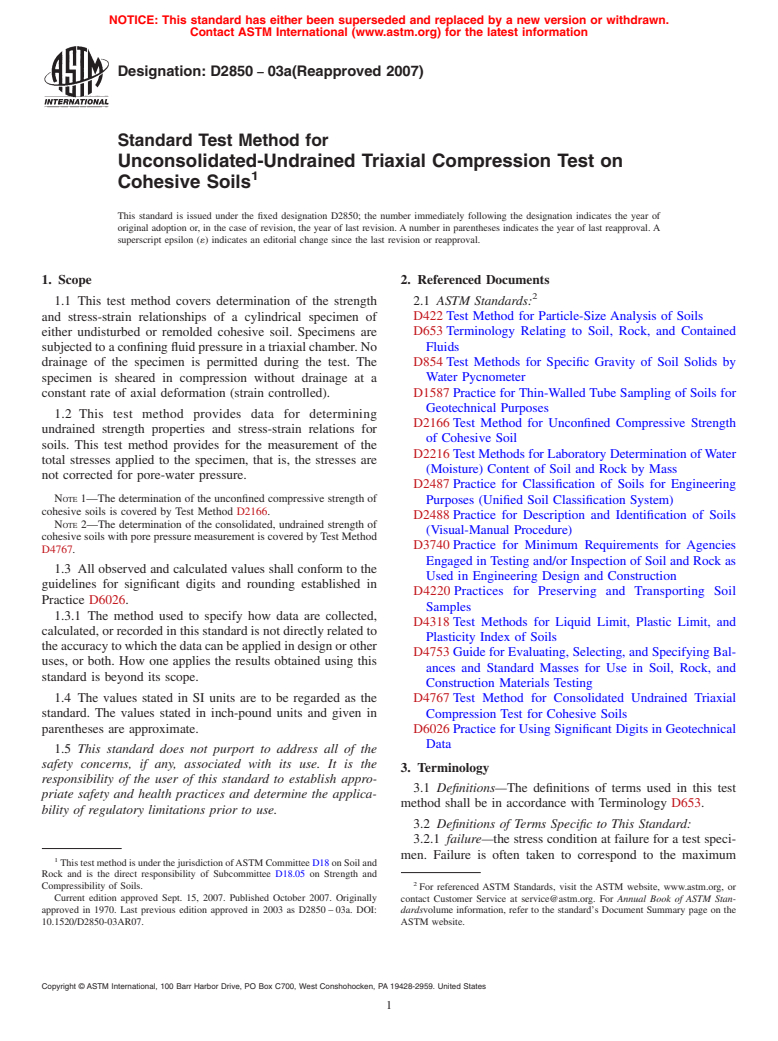 ASTM D2850-03a(2007) - Standard Test Method for Unconsolidated-Undrained Triaxial Compression Test on Cohesive Soils